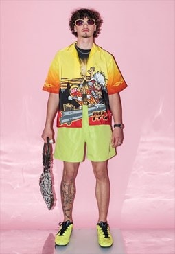 Vintage Y2K epic rave flaming anime print shirt in yellow