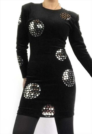 VINTAGE 90S BLACK VELVET GLITTER DISCO BODYCON DRESS 8/10