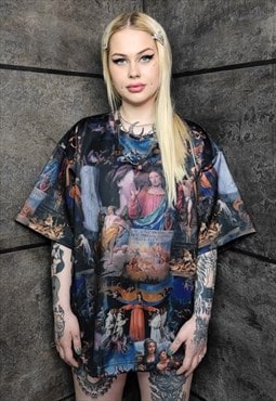 Baroque print tee handmade religion t-shirt rave top in blue