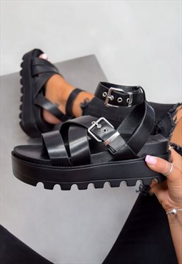 Chunky Platform Strap Gladiator Sandals - Black