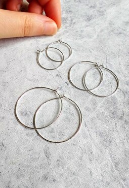 Plain Hoop Earrings 3 Pair Set Silver-tone
