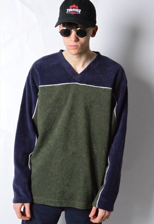 VINTAGE 90S GAP KHAKI NAVY BLUE V-NECK FLEECE JUMPER