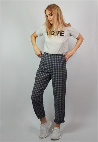 VINTAGE 90S NAVY BLUE CHECK HIGH RISE TAPERED TROUSERS