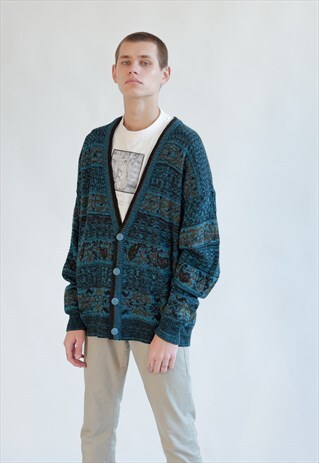 VINTAGE 80S FUNKY CARDIGAN IN BLUE PATTERN