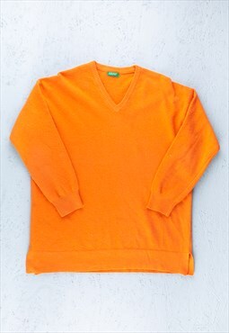 90s Benetton Orange V-Neck Knit Jumper - B2613