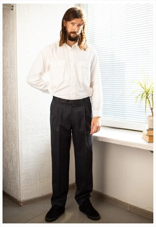 VINTAGE 80'S GREY STRIPED WOOL SUIT TROUSERS