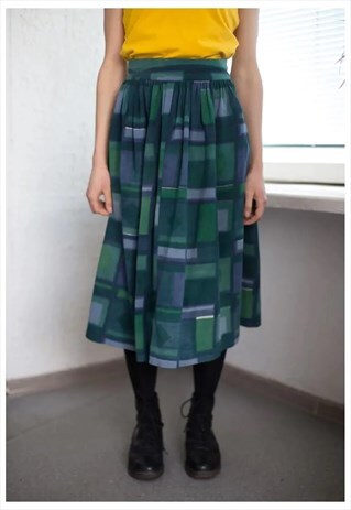 VINTAGE 60'S GREEN ABSTRACT PRINT HIGH WAISTED MIDI SKIRT