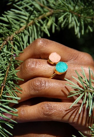 CORAL GREEN DRUZY GEMSTONE GOLD ADJUSTABLE RING