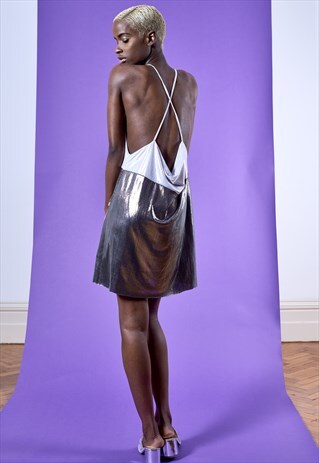 GALINA TWO-TONE METALLIC SILVER SLIP DRESS