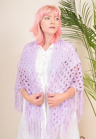 Y2K CROCHET KNIT HIPPY BOHO SUMMER PICNIC SHAWL PURPLE