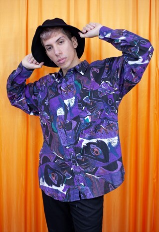 VINTAGE 90S SHIRT PURPLE BLACK WHITE ABSTRACT LONG SLEEVED