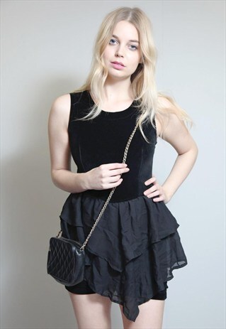 VINTAGE 1980'S FUN BLACK VELVET CHIFFON TIER PLAYSUIT