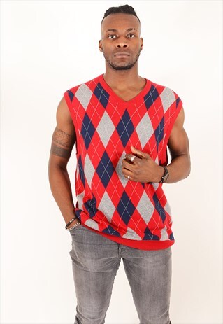 VINTAGE RALPH LAUREN CHAPS ARGYLE SLEEVELESS JUMPER RED