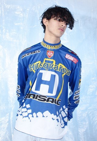 VINTAGE BLUE AND WHITE HIGH NECK SPORTS TOP