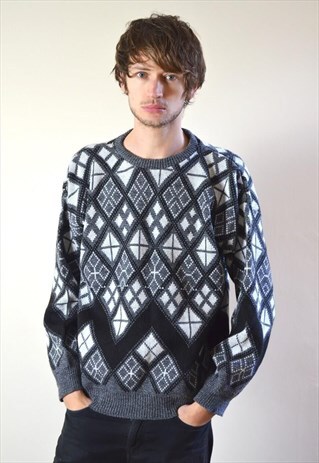 80S VINTAGE GREY AND WHITE DIAMOND PATTERN KNIT JUMPER