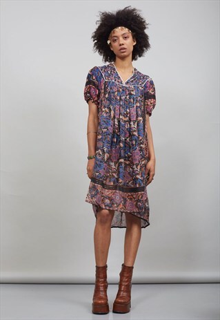 VINTAGE 70'S BLUE AND BLACK FLORAL INDIAN BOHO DRESS