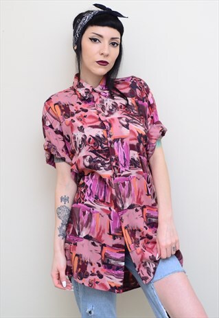 VINTAGE 90'S PINK ARSTY PATTERNED OVERSIZED SHIRT