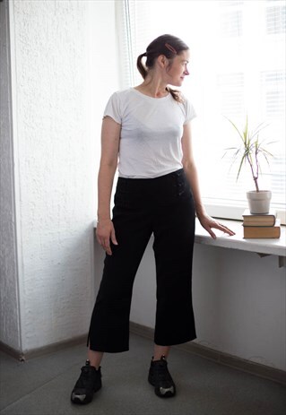 VINTAGE 80'S BLACK STRAIGHT CROPPED STRETCHY TROUSERS