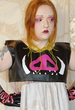 Black And Pink Faux Leather Pig Crop Top Punk Grunge L/XL