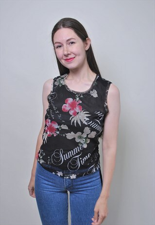 VINTAGE HOLIDAY SLEEVELESS BLACK FLORAL BLOUSE
