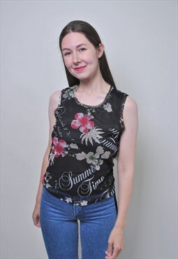 Vintage holiday sleeveless black floral blouse 