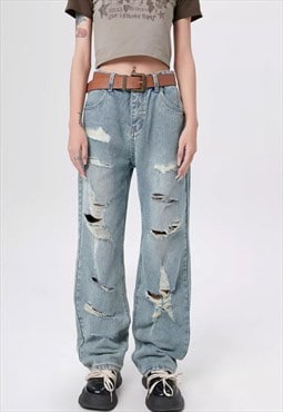 Shredded jeans grunge star pattern denim pants in acid blue