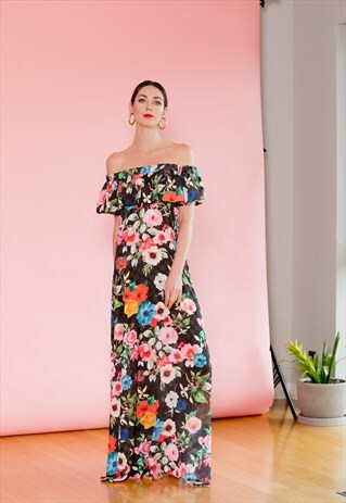 MAXI FLORAL DRESS, BLACK SUMMER DRESS, OFF SHOULDER DRESS