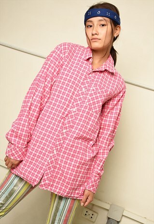 80'S RETRO PINK CHECKED OVERSIZED SHIRT TOP