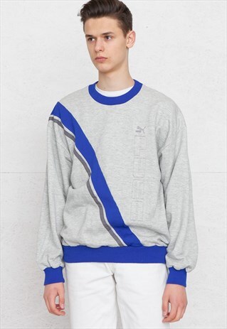 VINTAGE GREY BLUE PUMA CREW NECK PULLOVER SWEATSHIRT