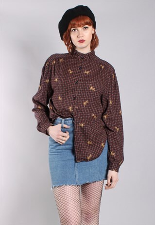 VINTAGE 80S GEOMETRIC PATTERNED HIGH NECK BLOUSE