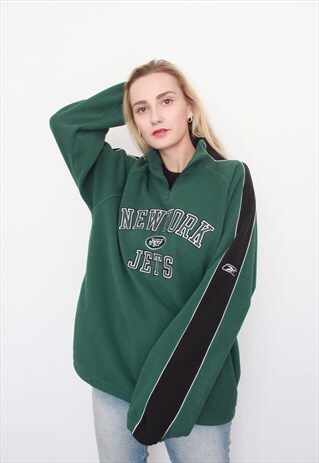 VINTAGE NFL JETS GREEN OVERSIZED 1/4 ZIP FLEECE JACKET