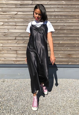 VINTAGE 90S BLACK POLKA DOT SLIP DRESS
