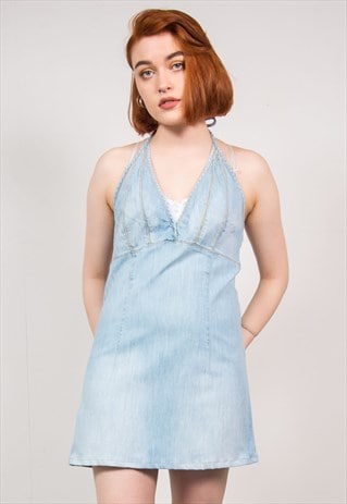 VINTAGE Y2K DENIM DRESS HALTERNECK