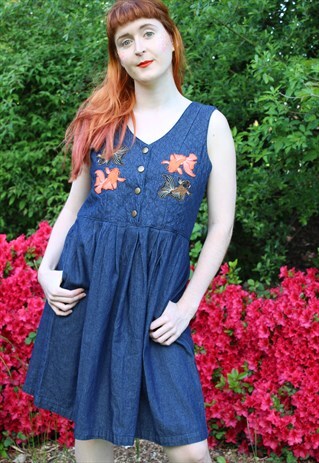 VINTAGE REWORKED 90S DENIM SKATER DRESS WITH FISH BADGES