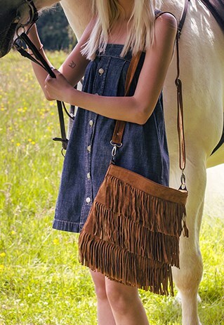 SUEDE FRINGE SHOULDER BAG WITH LONG STRAP IN TAN BROWN