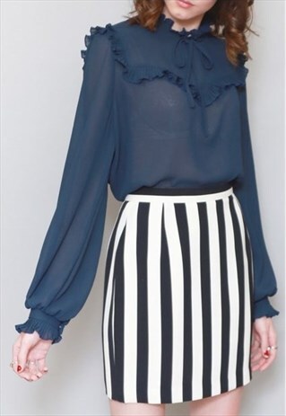 VINTAGE 1970'S NAVY BLUE RUFFLE BOW TIE BLOUSE