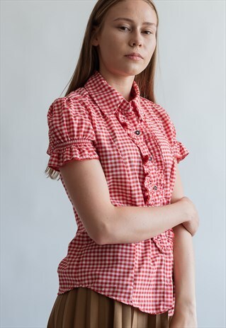 VINTAGE 70S ROMANTIC PUFFER SLEEVE BLOUSE IN CHECKERED RED