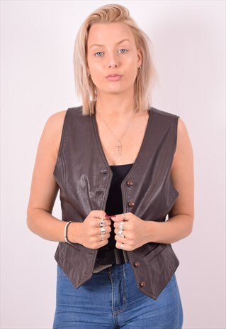 WOMENS VINTAGE LEATHER WAISTCOAT MEDIUM BLACK 90S