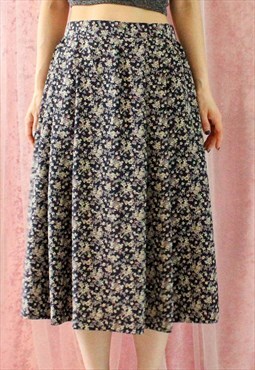 Vintage Skirt Floral Pattern Navy Beige S B201
