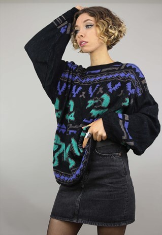 VINTAGE 80S 90S OVERSIZED PATTERNED KNIT JUMPER