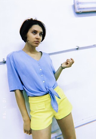 VINTAGE 90S RETRO PARIS CHIC TIE UP CORRUGATED TOP IN BLUE