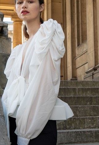 WHITE FRILL SLEEVES BLOUSE BOW TIE UP FRONT WITH MESH HEM