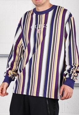 Vintage Guess Long Sleeve Top in Purple Stripe Tee Large
