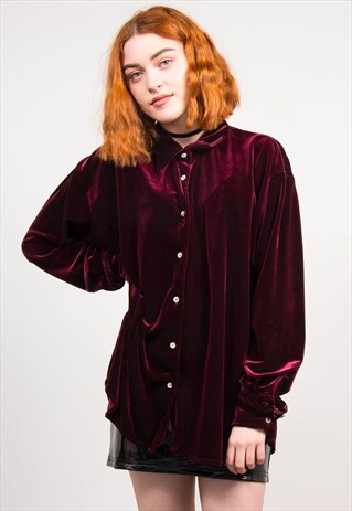 VINTAGE 90'S MAROON VELVET OVERSIZE SHIRT