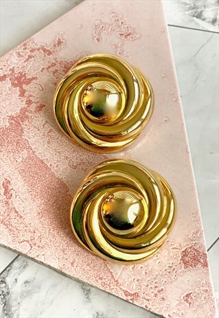 90S GOLD SPIRAL EARRINGS CHUNKY STATEMENT VINTAGE JEWELLERY 