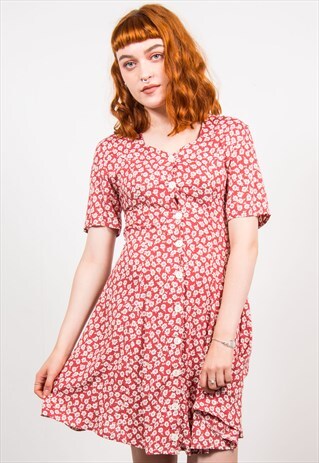 VINTAGE 90'S RED & WHITE FLORAL PATTERN DRESS