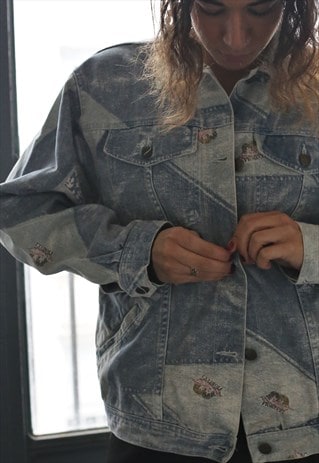 VINTAGE FIORUCCI RARE DENIM JACKET PRINTED CHERUB DESIGN