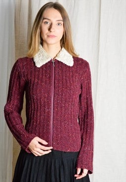 Y2K Burgundy Red Speckled Wool Ribbed Knit Faux Fur Cardigan