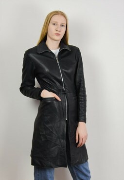 Vintage Soft Leather Matrix Zip Coat Black Jacket Trench Mac