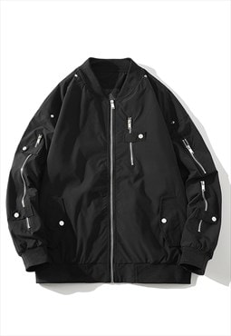 Utility bomber jacket multi zipper grunge thin varsity black